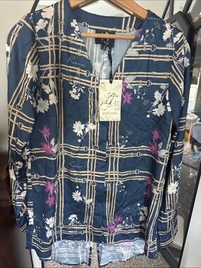 Navy Floral-Print Button-Down Equestrian Blouse